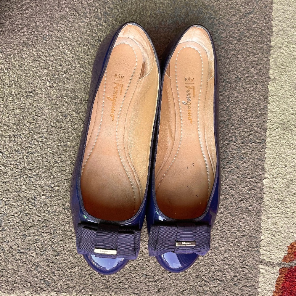 Salvatore Ferragamo Varina Royal Blue Patent Ballet Flats 10